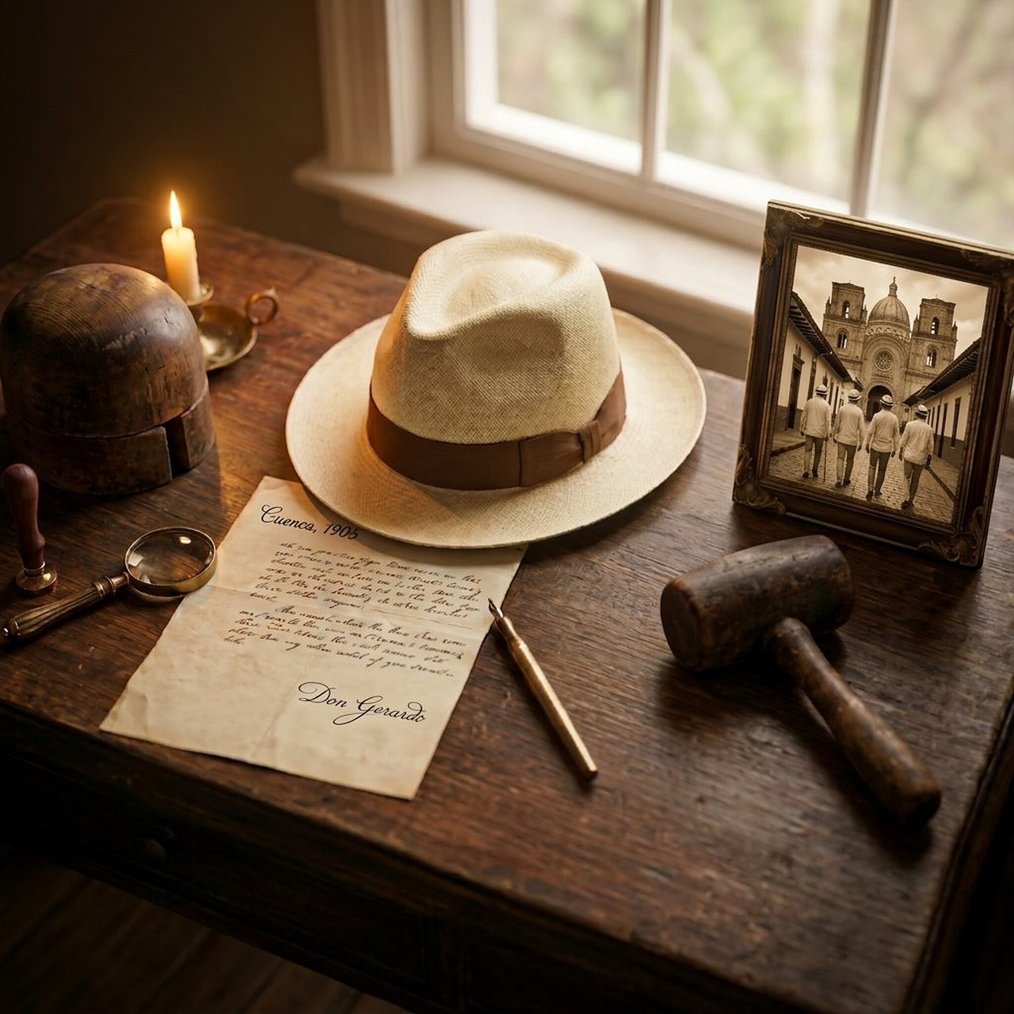Sombrero de Panamá de paja toquilla junto a una carta manuscrita firmada por Don Gerardo, Cuenca 1905, una horma de madera y una fotografía de la catedral de Cuenca.