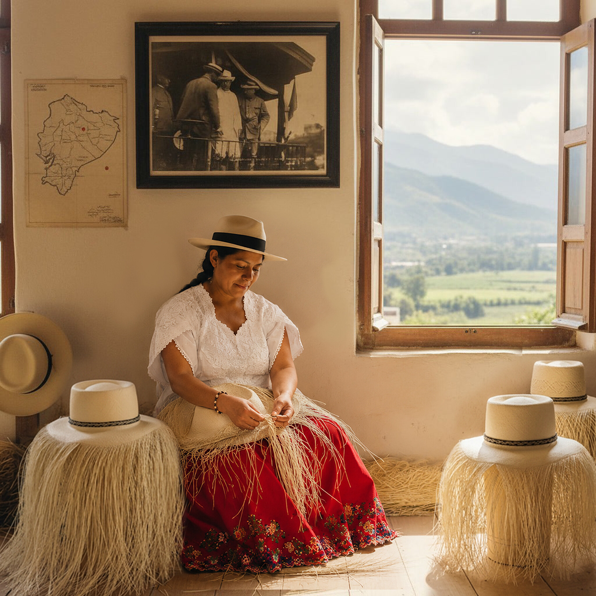 Artesana cuencana tejiendo paja toquilla rodeada de sombreros de Panamá, con la fotografía histórica de Roosevelt al fondo.