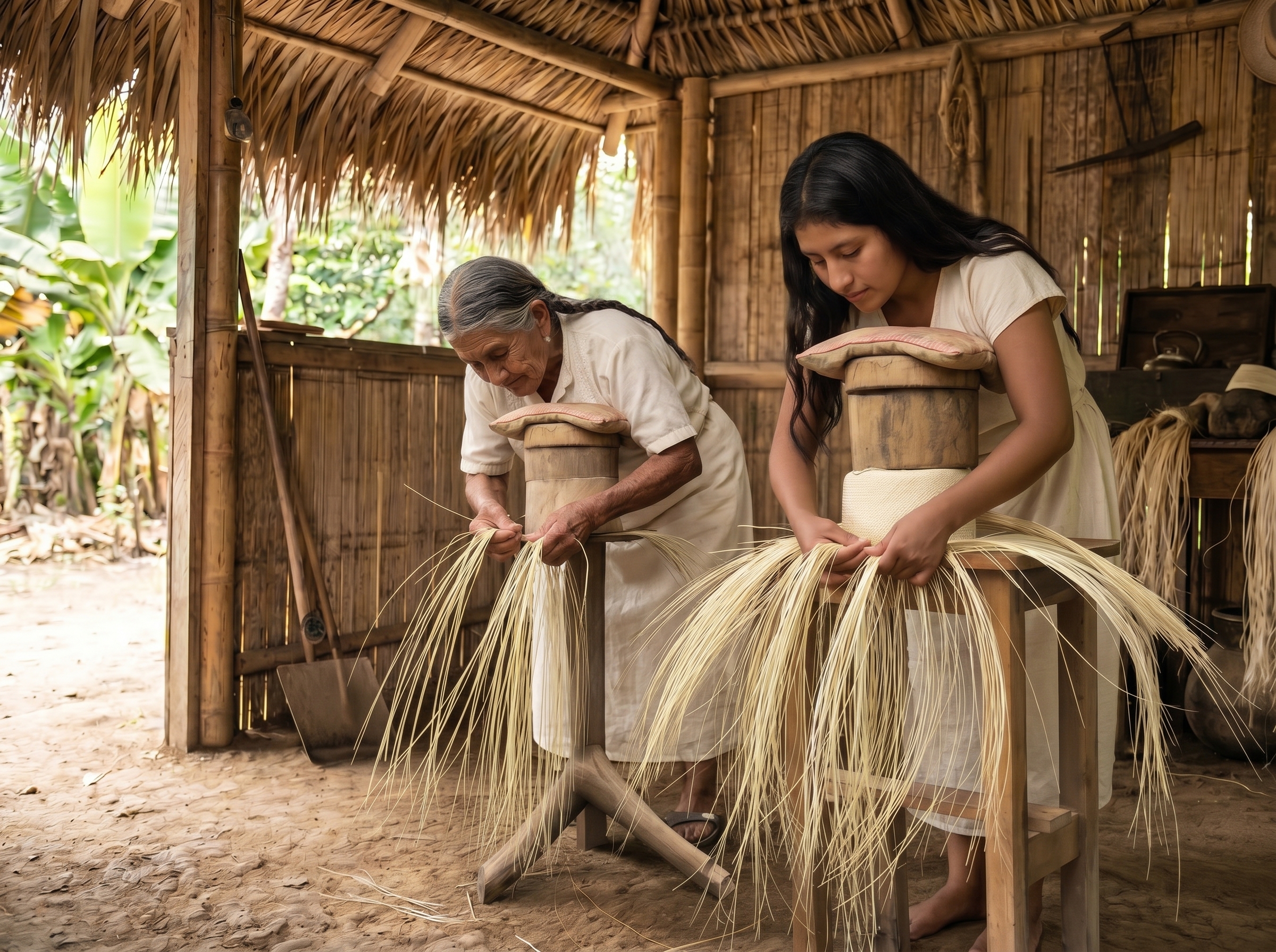 Abuela y joven artesana tejiendo paja toquilla en un taller tradicional de Manabí, Ecuador.