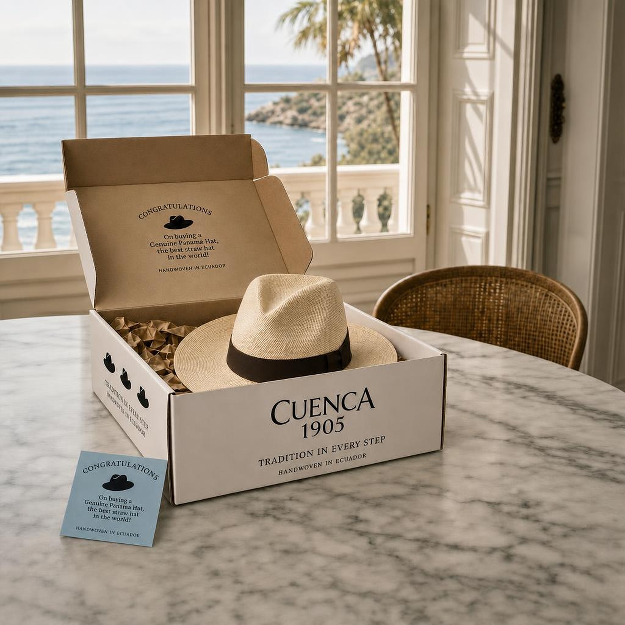 Caja de regalo Cuenca 1905 con el sombrero de Panamá presentado junto a documentación de autenticidad.
